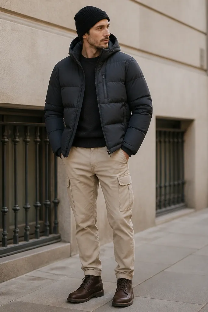 Man wearing beige stone cargo pants with a charcoal quilted puffer jacket, black knit beanie, and dark brown leather boots; the outfit looks matte and winter-ready against a sidewalk background.