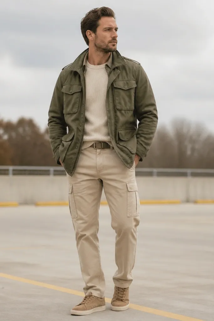 Man in oatmeal beige cargo pants with an olive green field jacket, cream ribbed sweater underneath, tan suede sneakers, and a simple canvas belt; outdoor parking lot setting.