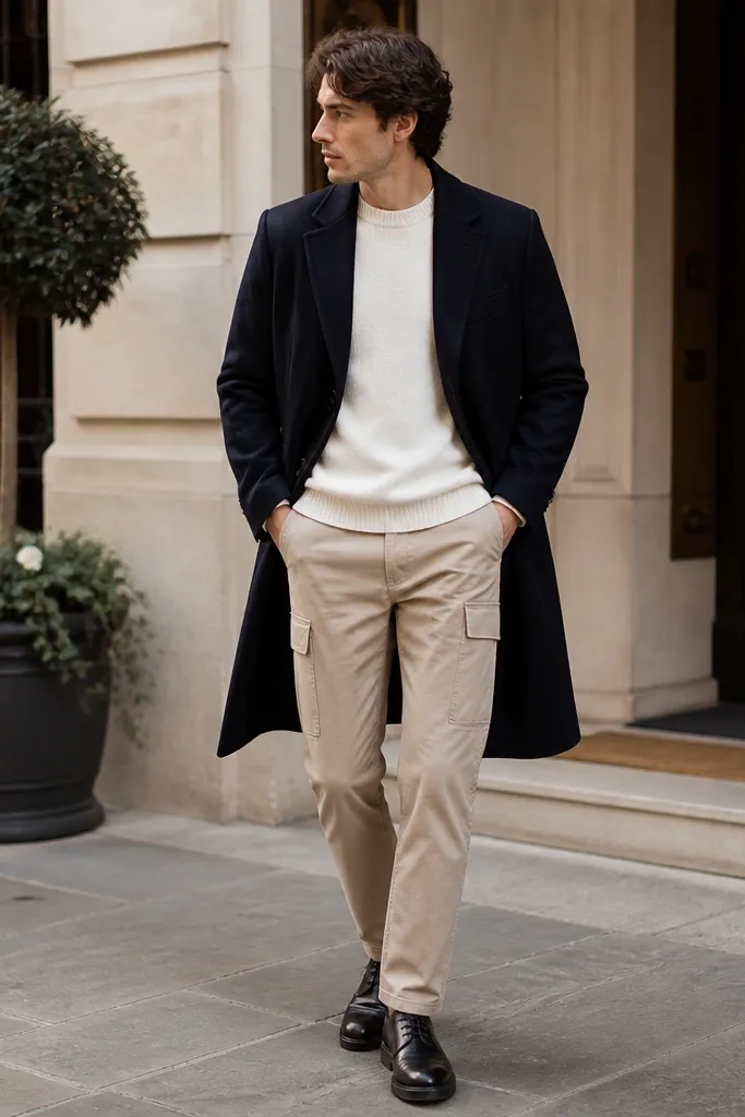 Man wearing sand beige cargo pants with a navy wool overcoat, white crewneck sweater, and black leather derby shoes; the scene is in front of a building entrance.