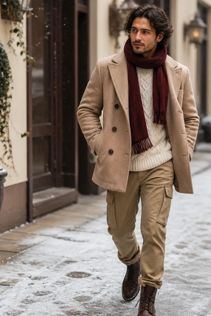 Man in beige cargo pants with a camel peacoat, cream cable knit sweater, maroon scarf, and dark brown boots; winter street photo with soft daylight.