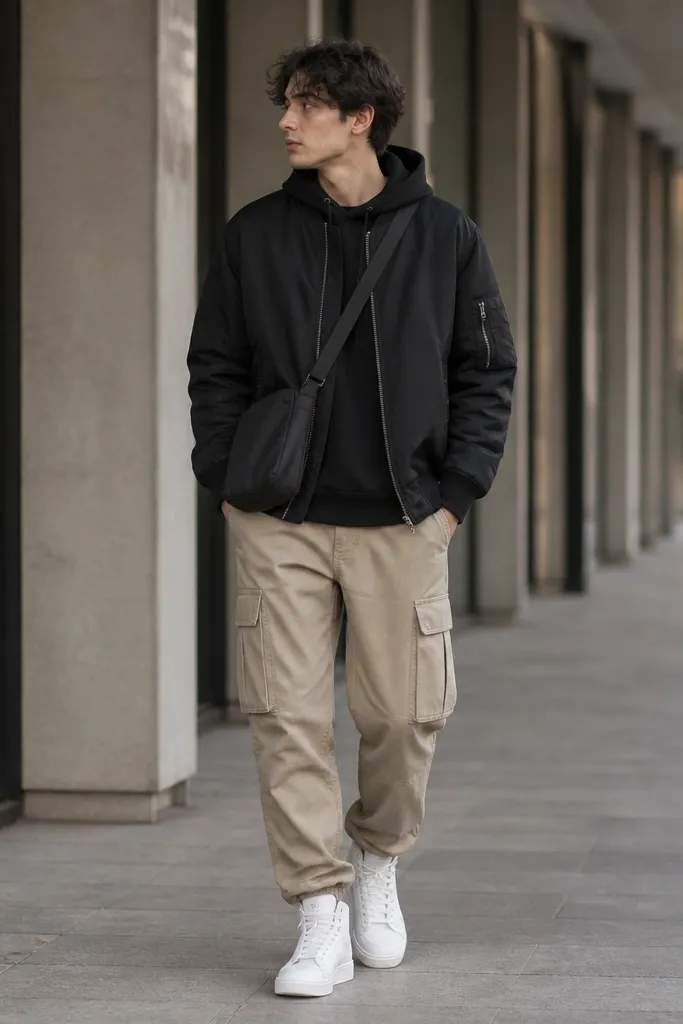 Man wearing beige cargo pants with a black hoodie under a black bomber jacket, white high-top sneakers, and a simple black crossbody bag; indoor-outdoor walkway.