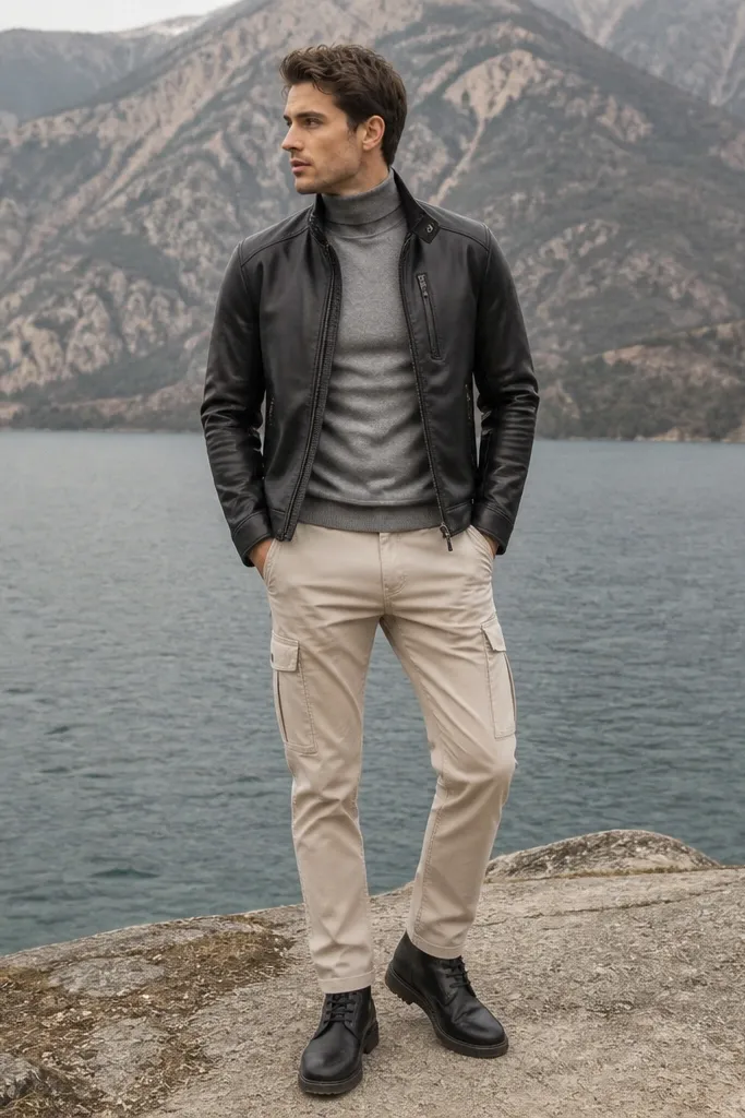 Man wearing light beige cargo pants, a gray turtleneck sweater, a black leather jacket, and black boots; the photo shows a clean neck line and fitted layers.
