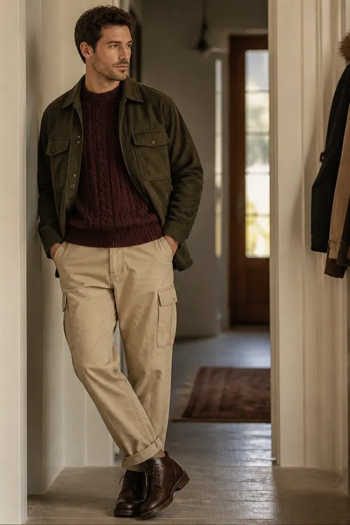 Man in tan beige cargo pants with a burgundy knit sweater, olive overshirt, and dark brown lace-up shoes; indoor hallway with winter coats hanging.