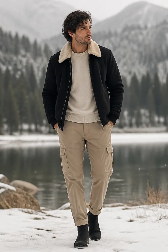 Man wearing sand beige cargo pants with a black jacket that has a shearling collar, a cream crew tee, and black suede boots; outdoor scene with light snow.