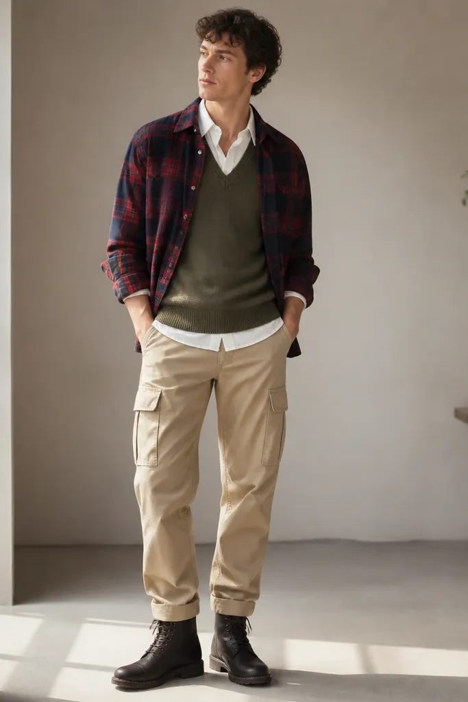 Man wearing beige cargo pants, an olive sweater vest over a white shirt, a red-and-navy plaid overshirt, and dark boots; layered look shown clearly.