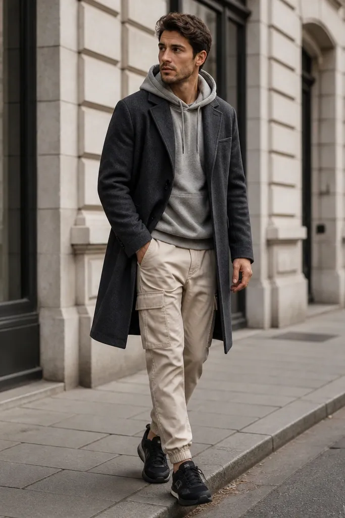 Man wearing beige cargo jogger pants with tapered ankles, a charcoal long coat, gray hoodie peeking at the collar, and black sneakers; street-level photo.
