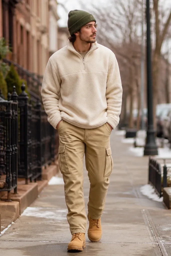 Man wearing sand beige cargo pants with a cream fleece quarter-zip, olive knit beanie, and tan work boots; casual winter sidewalk.