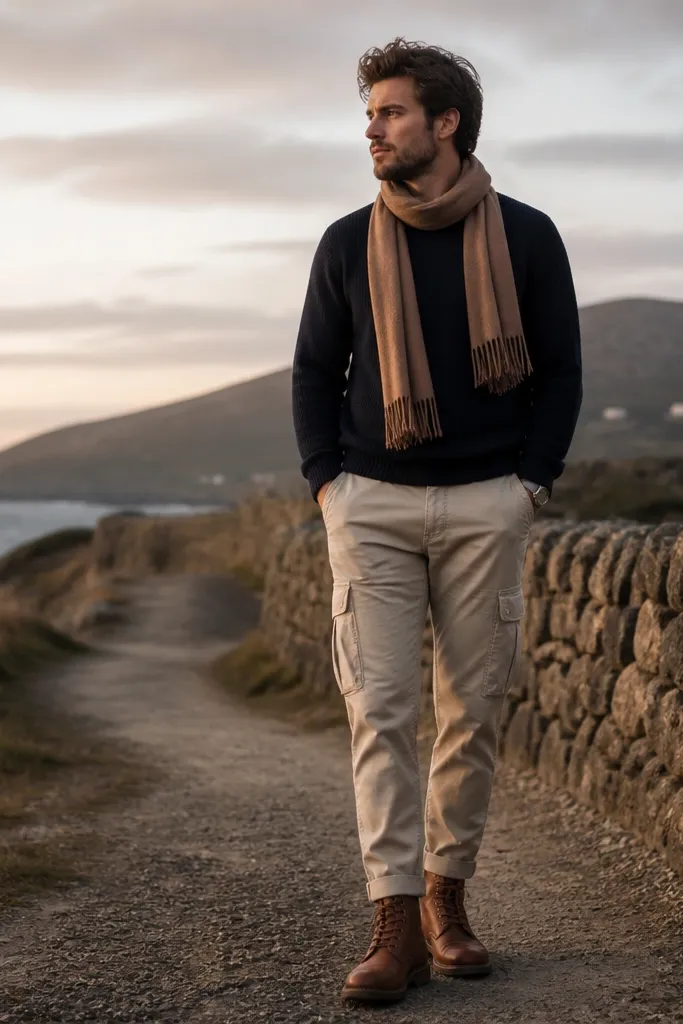 Man in beige cargo pants wearing a deep navy sweater, a camel scarf, and cognac leather boots; outdoor photo with evening light.