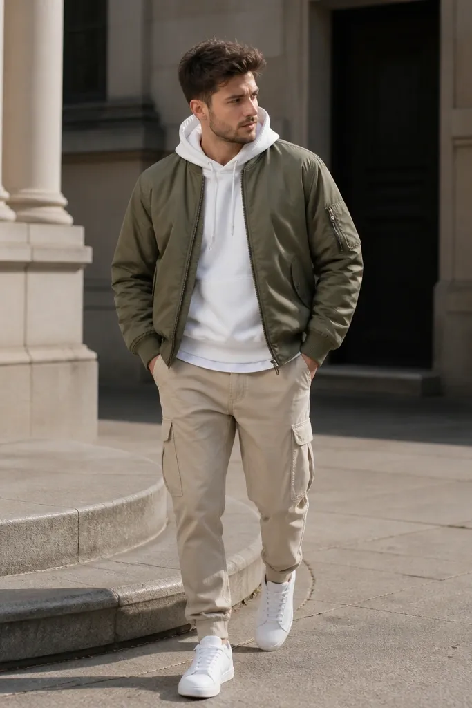 Man wearing beige cargo pants with a white hoodie, olive bomber jacket, and white sneakers; bright daytime photo with crisp layers.