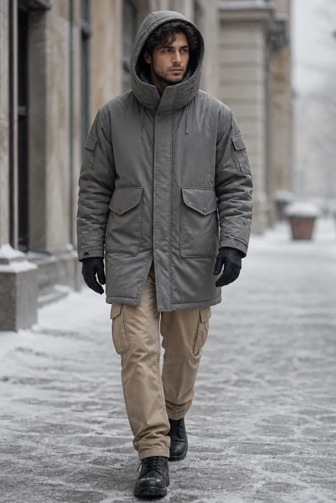 Man wearing sand beige cargo pants with a gray parka that has an oversized hood, black gloves, and dark boots; snow-dusted street background.