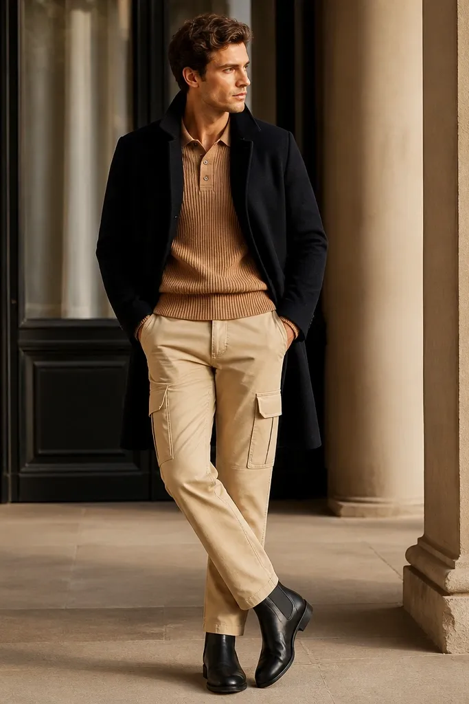 Man wearing beige cargo pants with a camel knit polo sweater, black Chelsea boots, and a black coat collar peeking; clean smart-casual look.
