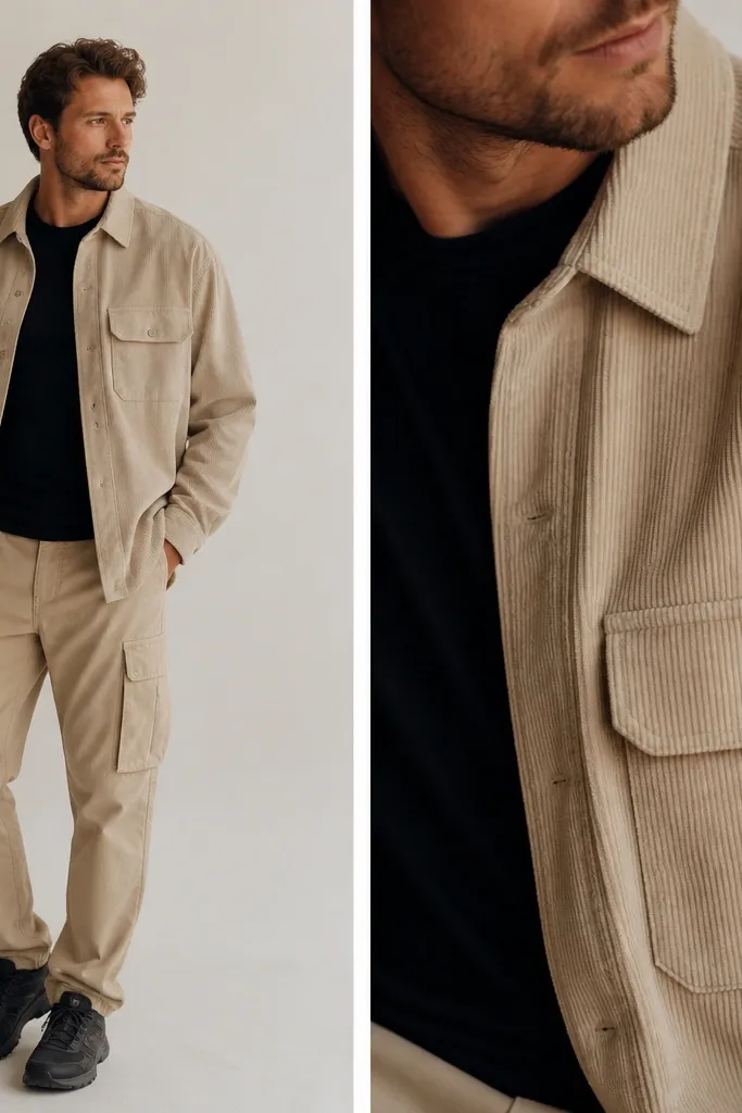 Man in beige cargo pants with a sand corduroy overshirt, black crewneck tee, and dark sneakers; close-up shows corduroy texture and pockets.