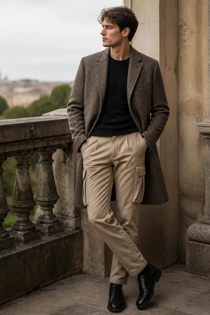 Man wearing tan beige cargo pants with a black long-sleeve shirt under a herringbone topcoat, and black leather lace-up shoes; outdoor photo with crisp tailoring.