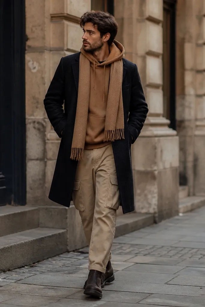 Man wearing beige cargo pants with a camel hoodie, black overcoat, and dark boots; the hoodie color matches the coat scarf and looks warm.