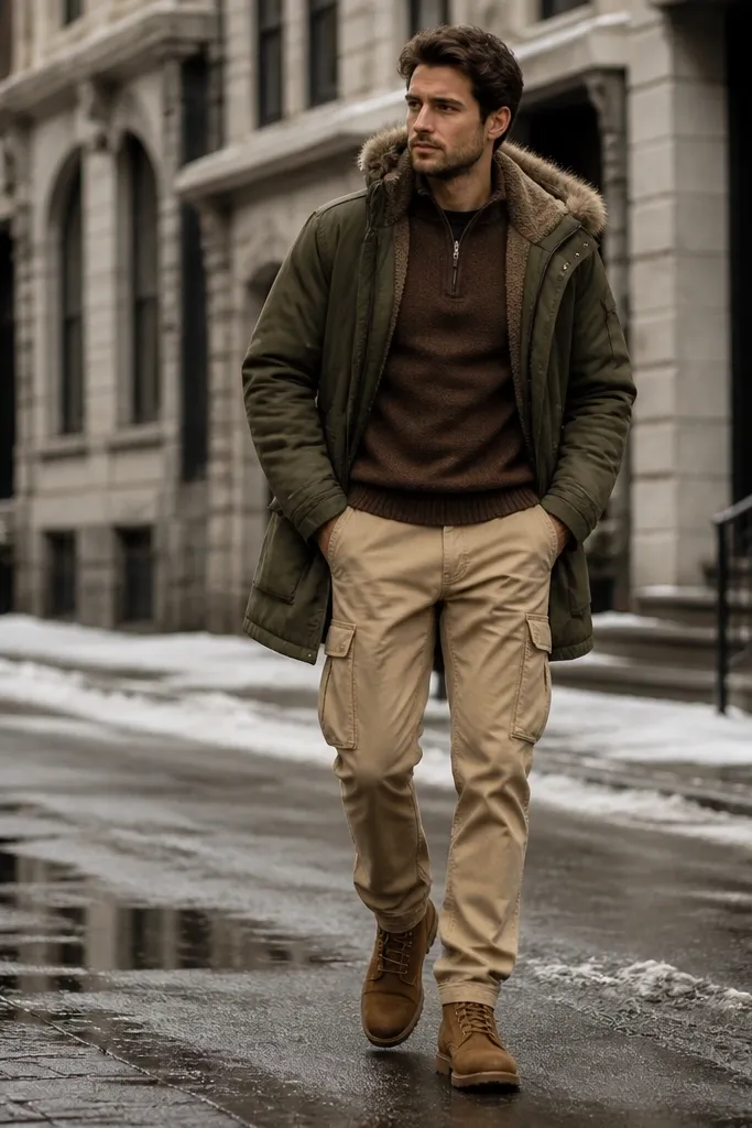 Man wearing beige cargo pants with a brown sweater, an olive parka, and tan boots; winter street shot with overcast light.