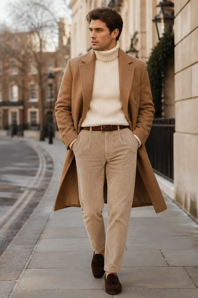 Man wearing beige corduroy pants with a cream ribbed knit turtleneck. He has dark espresso suede loafers, a brown leather belt, and a camel overcoat draped open. Background is a street scene in soft winter light.
