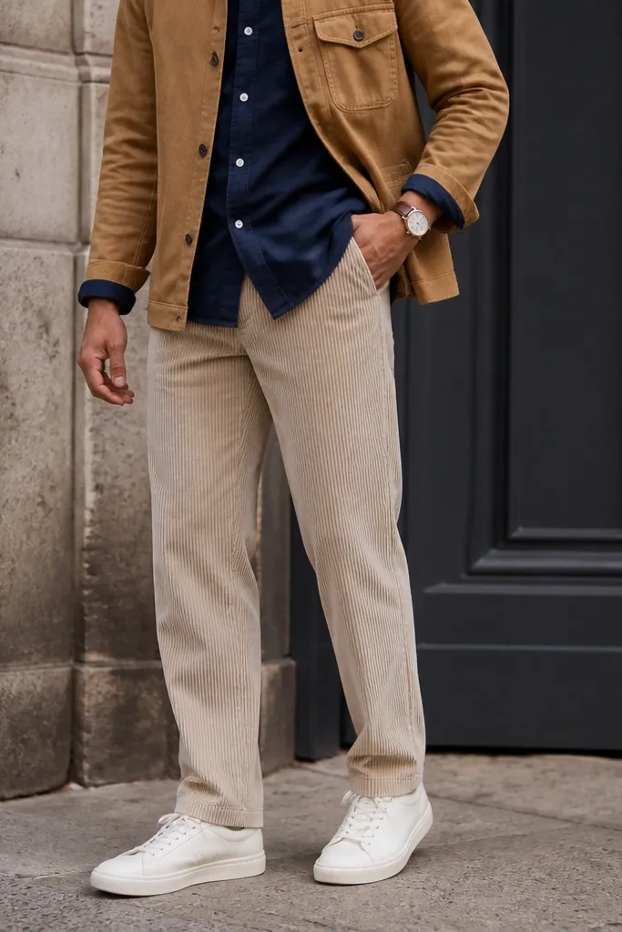 Beige corduroy pants styled with a navy button-down oxford shirt under a tan workwear overshirt. White leather sneakers and a simple watch are shown. The image shows the outfit from the waist down with a clean street backdrop.