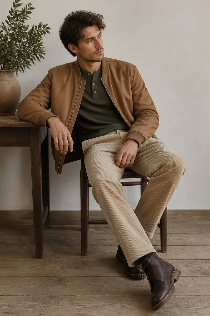 A man wearing beige corduroy pants with an olive henley shirt. He has a light brown bomber jacket and dark brown leather boots. The photo shows the jacket zipped halfway and the boots with visible stitching.