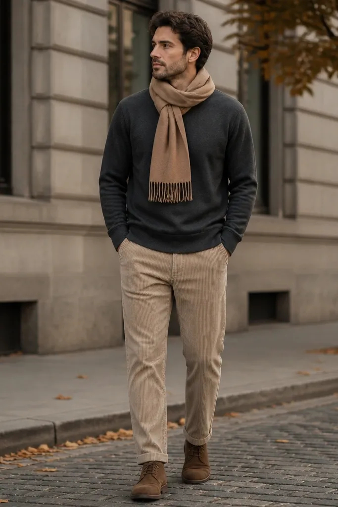 Beige corduroy pants paired with a charcoal crewneck sweatshirt. A camel scarf wraps at the neck, and suede chukka boots finish the look. The photo shows a neutral fall street setting.