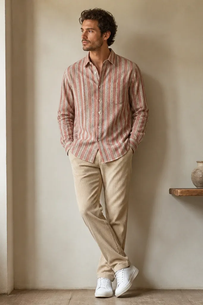 A striped flannel shirt in muted red and cream worn untucked over beige corduroy pants. A brown leather belt and clean white sneakers are visible. The shot includes the shirt hem covering the waistband.