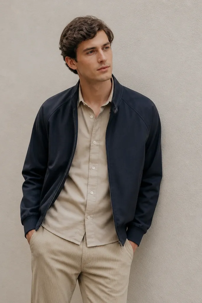 Beige corduroy pants with a sand long-sleeve shirt and a dark navy harrington jacket. The image shows the jacket unzipped slightly and a clean casual look.