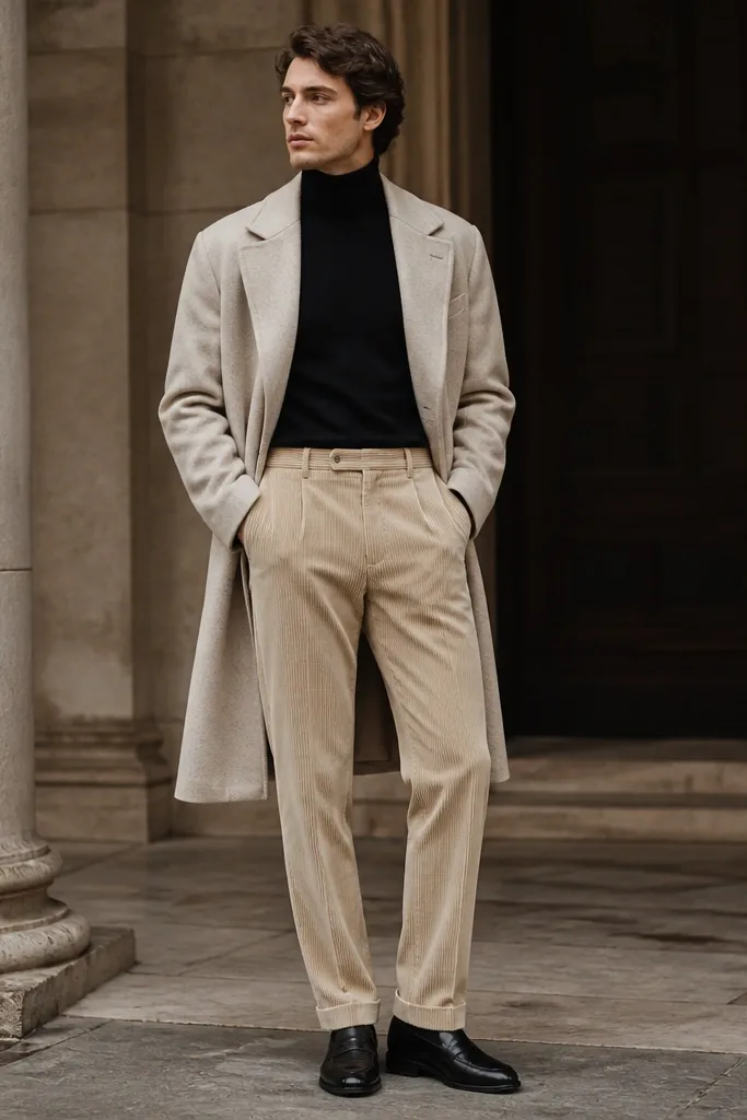 Black turtleneck tucked into beige corduroy pants. An oatmeal overcoat is worn open. Black leather loafers are visible with a tidy hem break.