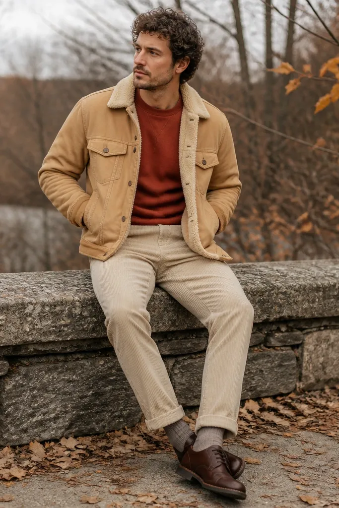 Beige corduroy pants with a rust-colored sweatshirt. A tan trucker jacket sits on top, and brown derby shoes are shown. The scene looks like late fall outdoors.