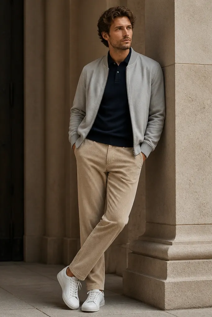Beige corduroy pants paired with a navy knit polo shirt. A light grey bomber jacket is worn over it. White court-style sneakers finish the look.