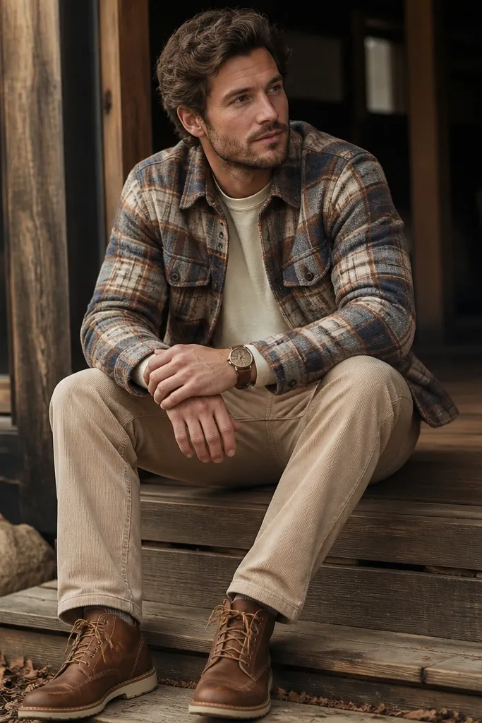 Beige corduroy pants with a plaid wool shirt jacket layered over a cream t-shirt. Brown work boots and a simple leather watch are visible.