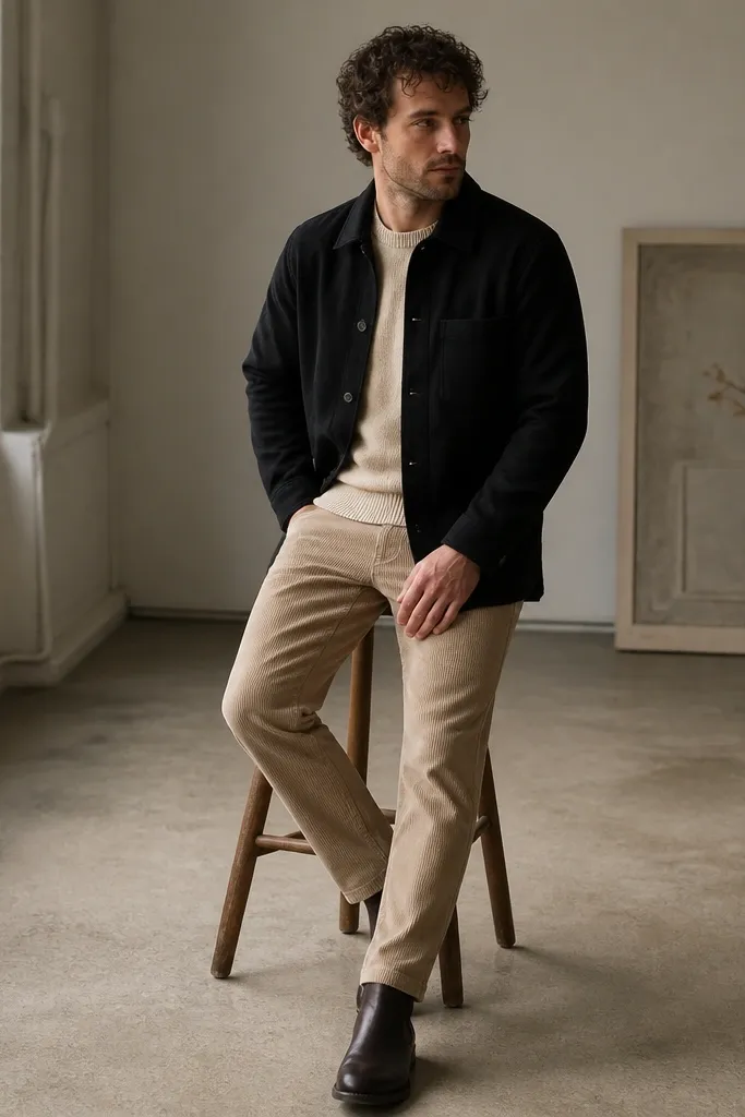 Beige corduroy pants with a light beige crewneck sweater under a black denim overshirt. Chelsea boots in dark brown or black are visible. The overshirt is buttoned and sleeves are clean.