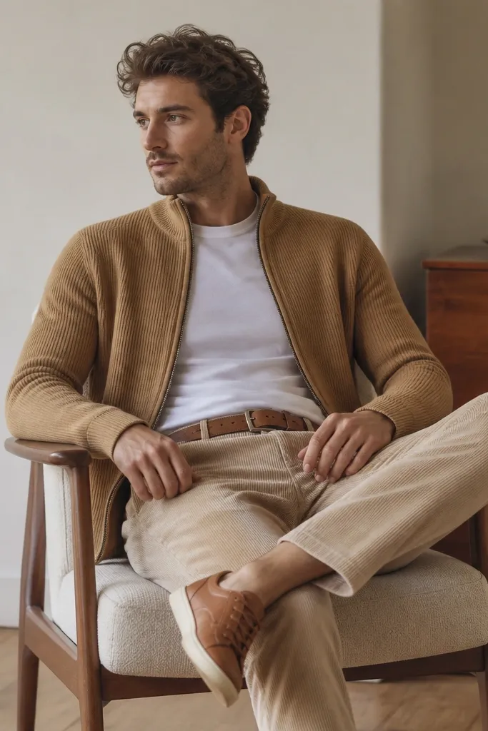 Beige corduroy pants with a camel zip cardigan worn over a white t-shirt. Tan leather sneakers and a brown belt are visible.