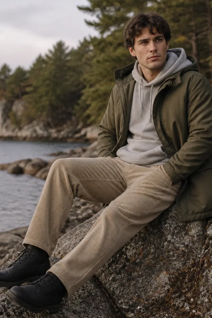 Beige corduroy pants styled with a heather grey hoodie under an olive parka. Black boots are visible, and the hood is down in the photo.