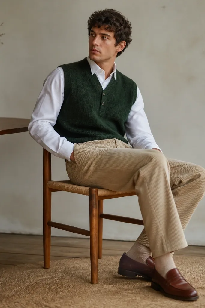 Beige corduroy pants with a forest green sweater vest over a white button-down. Brown loafers complete the look, and the vest is buttoned mid-chest.