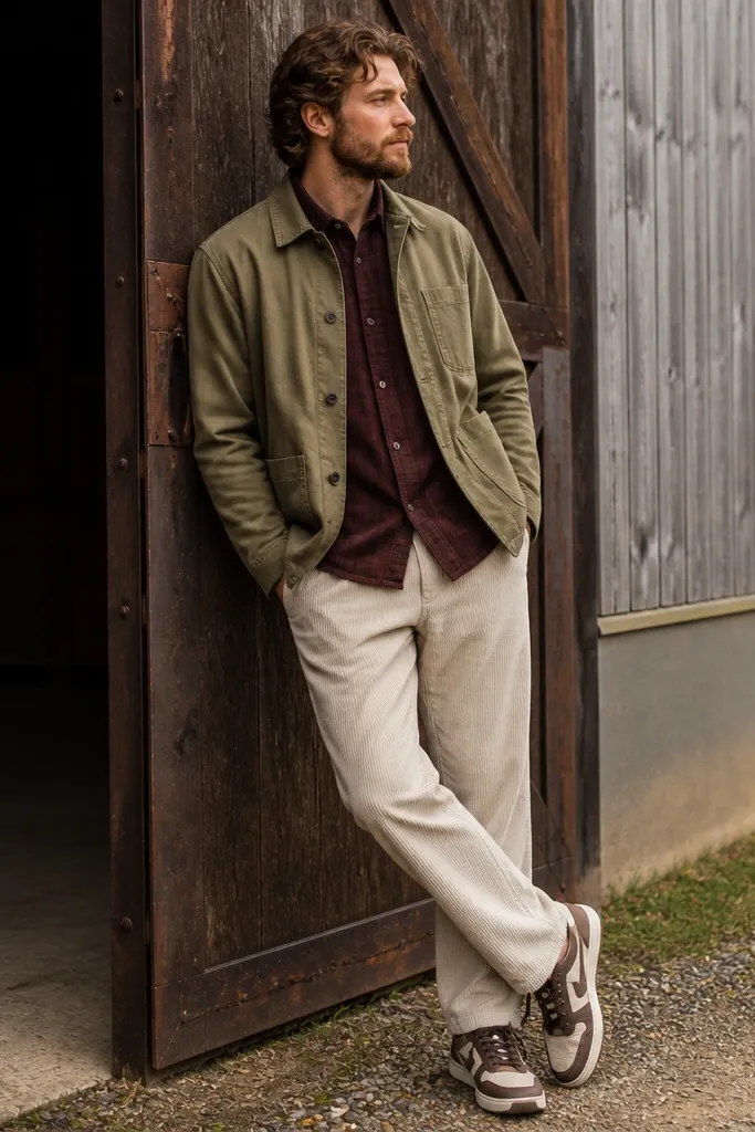 Beige corduroy pants with a burgundy flannel shirt under a khaki chore jacket. The man wears practical work sneakers in cream and brown.