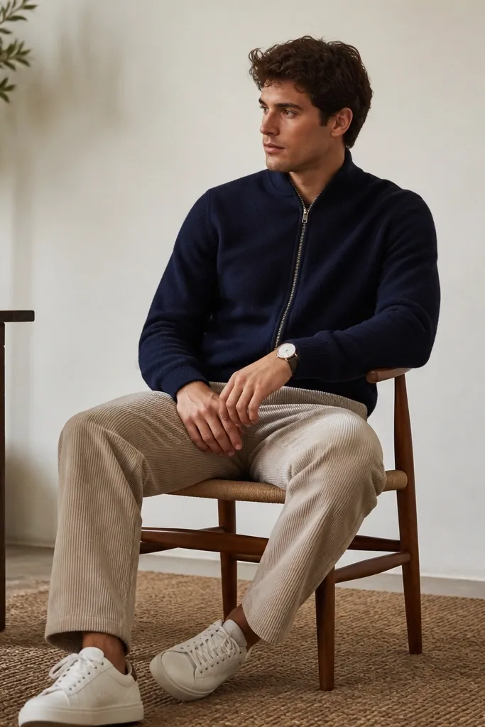 Beige corduroy pants paired with a navy bomber-style sweatshirt. White trainers and a simple wristwatch are shown. The bomber is zipped up.