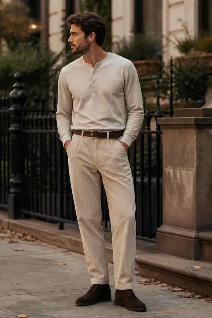 Beige corduroy pants with an oatmeal henley tucked in. A brown leather belt and dark brown chukka boots are visible. The outfit looks like early autumn streetwear.