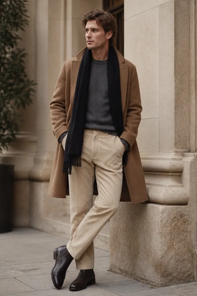 Beige corduroy pants with a grey merino crewneck. A camel overcoat is worn open and a black wool scarf sits around the neck. Shoes are dark leather with a clean finish.
