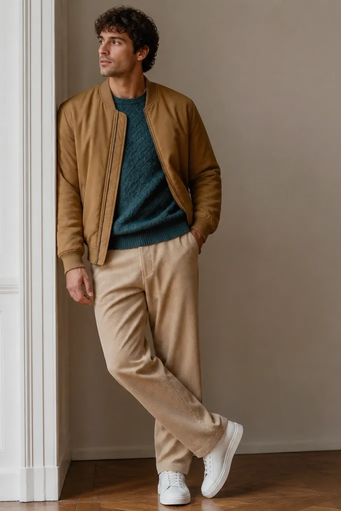 Beige corduroy pants with a teal jacquard sweater. A tan bomber jacket is layered on top and white low-top sneakers finish the look.