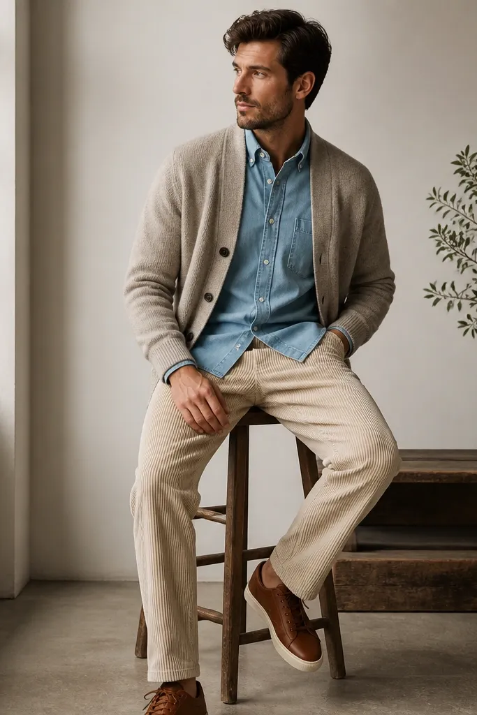 Beige corduroy pants styled with a light blue chambray button-down. A stone cardigan is worn over it, and brown leather sneakers are visible.