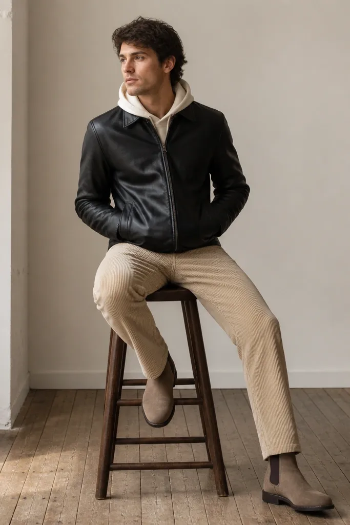 Beige corduroy pants with a cream hoodie underneath a black leather jacket. Tan Chelsea boots are visible. The leather jacket is zipped up and the hoodie hood is down.