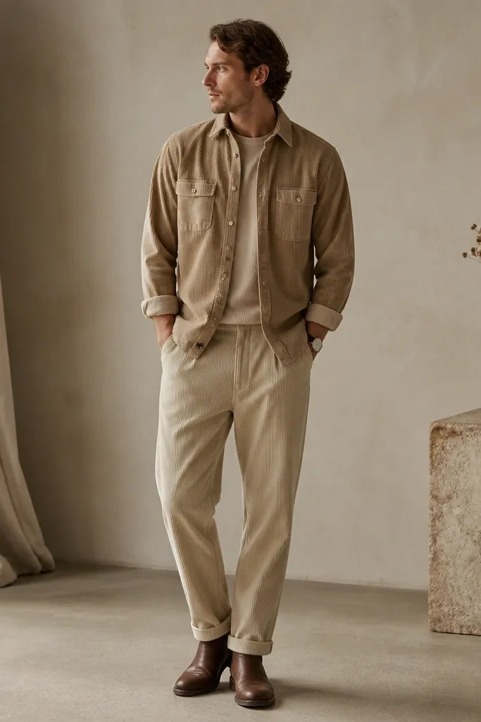 Beige corduroy pants paired with a beige corduroy or brushed-cotton overshirt in a slightly darker beige. Brown boots and a simple watch are shown. The photo shows a head-to-toe warm neutral look.