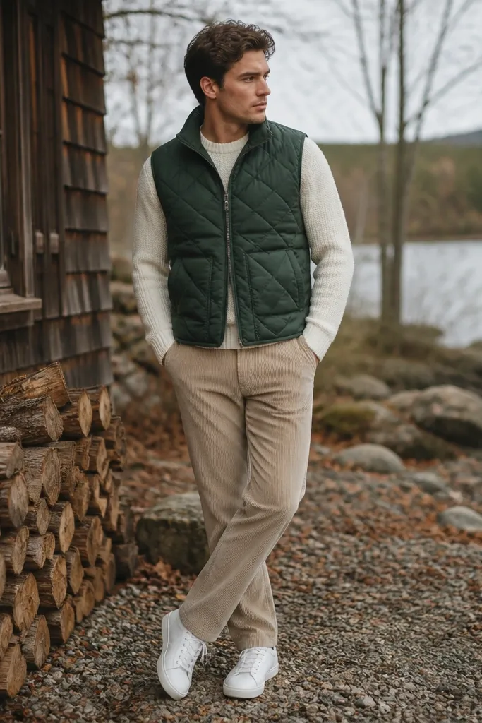 Beige corduroy pants with a cream sweater under a dark green quilted vest. White sneakers are visible, and the vest is buttoned or zipped. The outfit is photographed outdoors in cool weather.