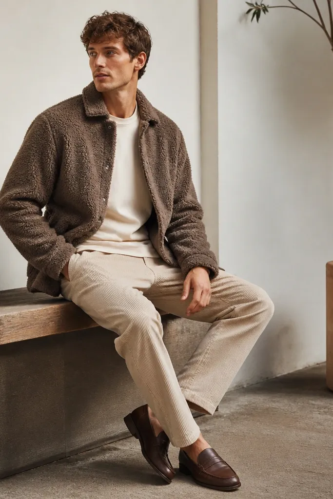 Beige corduroy pants with a heather brown teddy jacket over a cream t-shirt. Dark brown loafers are shown. The jacket looks fuzzy with a snap front.