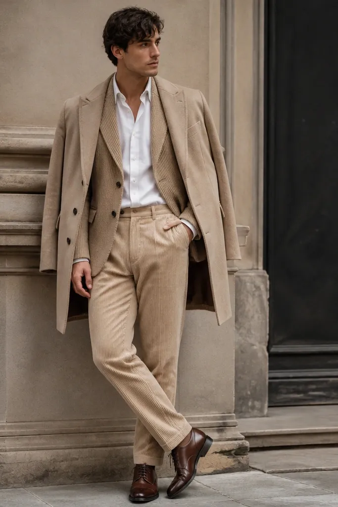 Beige corduroy pants styled with a sand sweater coat. A white button-down shirt is visible underneath, and brown oxford shoes finish the outfit. The photo shows a structured coat draped over the pants.