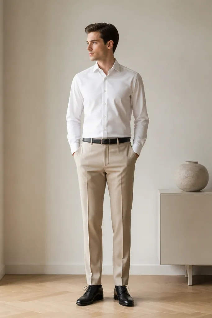 A man wearing a crisp white poplin dress shirt tucked into cool oat beige dress pants. He has on black leather Oxford-style derbies and a black belt. The image shows a sharp, straight line from shoulder to hem, with a clean belt buckle and minimal wrinkles.