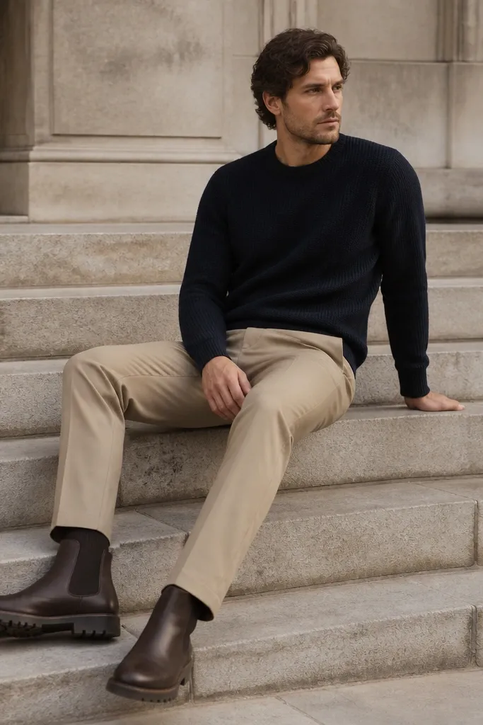 A man dressed in a navy crewneck knit sweater with camel beige flat-front dress trousers. He's wearing dark brown leather boots with a slightly rugged sole. The photo shows the knit texture against the smooth trouser fabric.