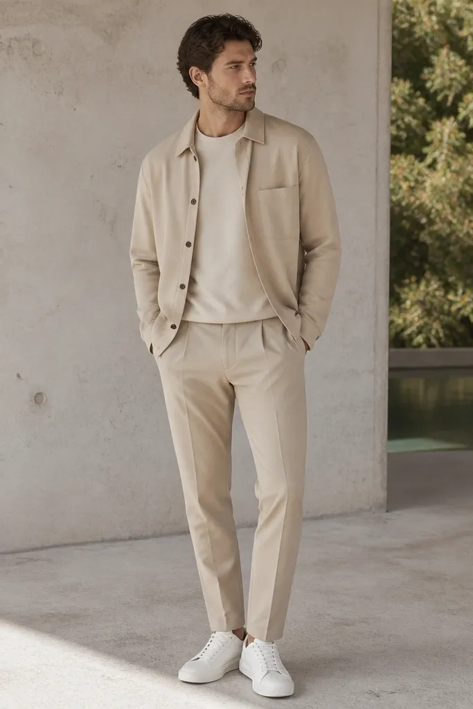 A man in a sand beige overshirt layered over a slightly lighter beige crew tee. He wears matching beige dress trousers and clean white leather sneakers. The image shows layered neutrals with a crisp silhouette.