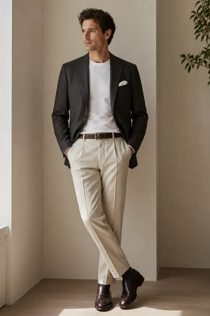 A man wearing a charcoal blazer over a white crewneck shirt, paired with oatmeal beige dress trousers. There's a white pocket square in the blazer breast pocket. He wears dark leather shoes and a matching belt.