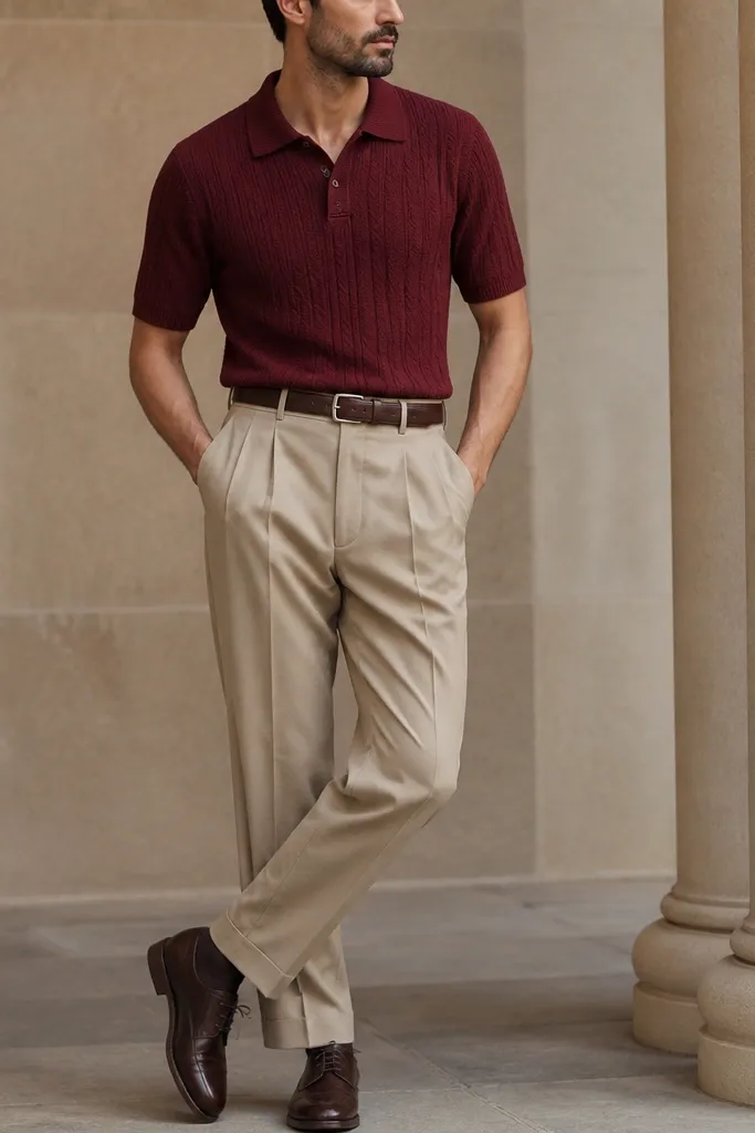 A man in a burgundy knit polo shirt tucked into sand beige pleated dress trousers. He wears dark brown lace-up shoes and a belt matching the shoes. The photo focuses on the polo texture and the pleat structure.