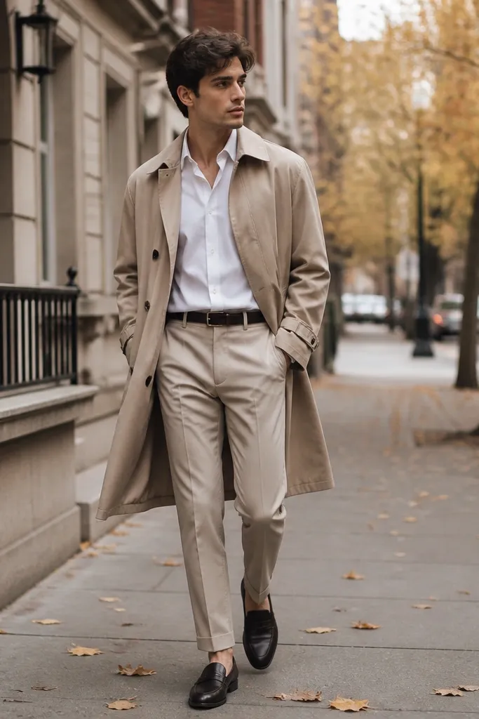 A man wearing a tan trench-style coat over a white button-up shirt, paired with beige dress pants. He has on black loafers and a black belt. The photo looks like a fall street shot with a clean, layered silhouette.